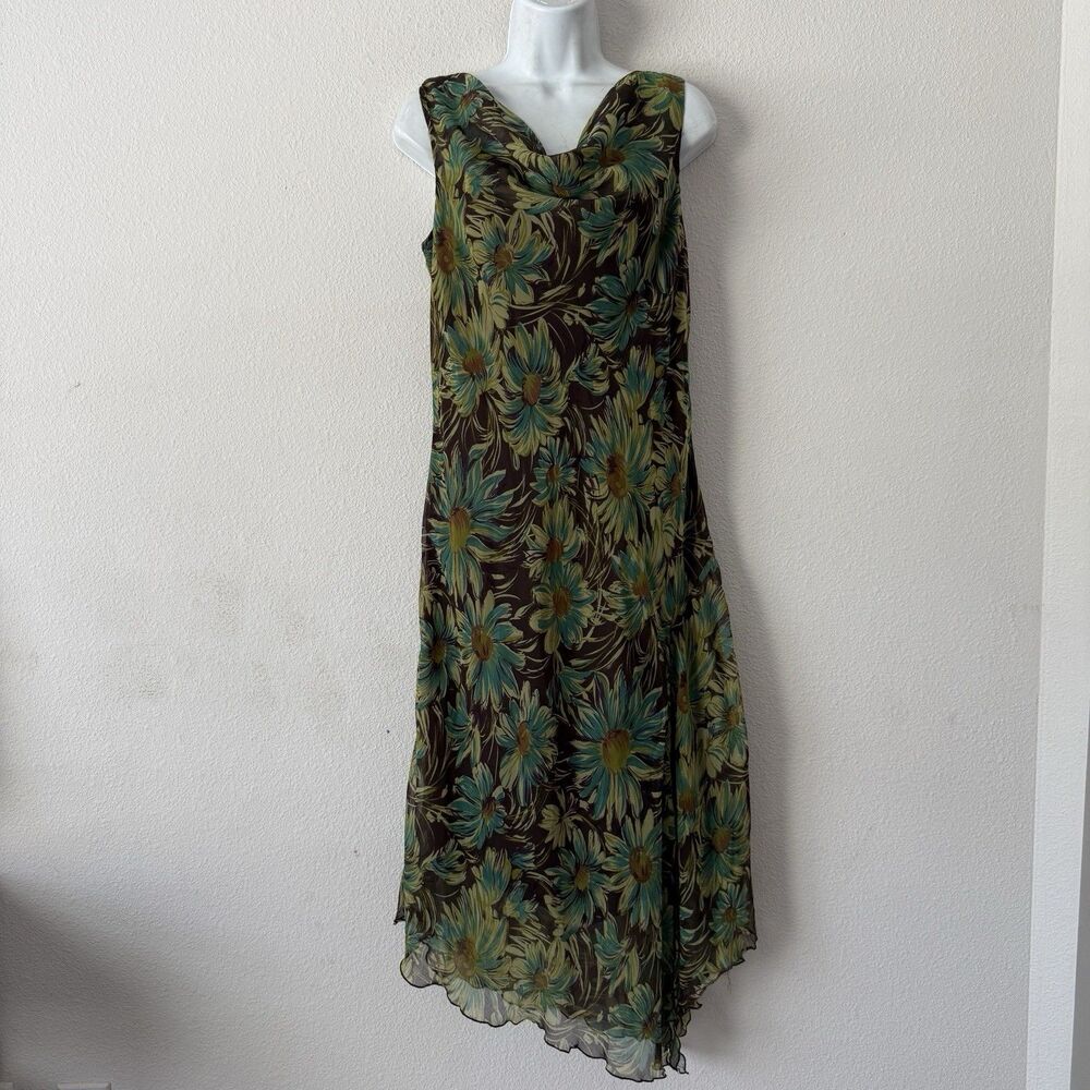 Meghan Matthews Floral Midi Dress Cowl Neck Asymmetric Chiffon Y2K Whimsigoth 10